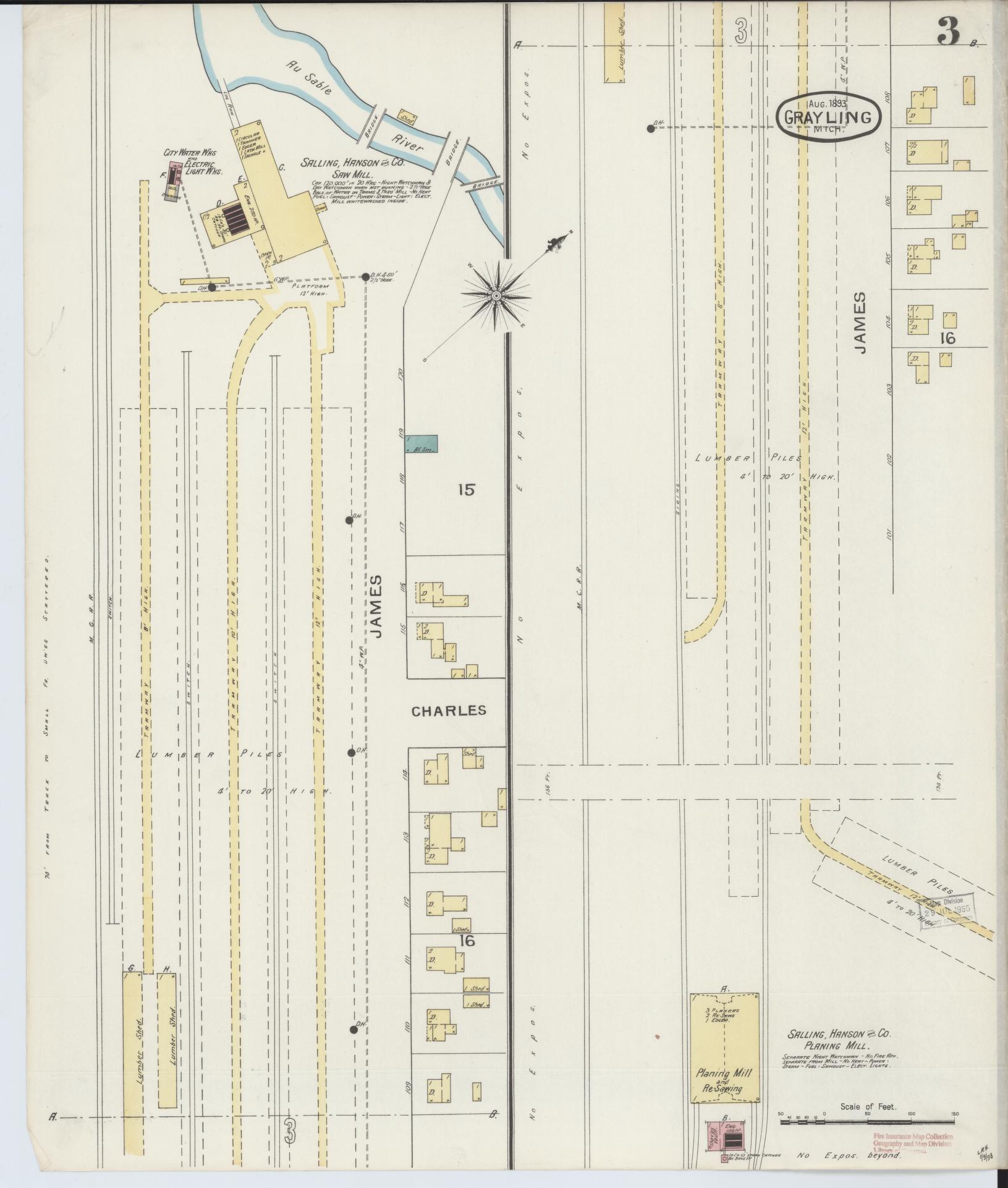 Sanborn Fire Insurance Map from Grayling, Crawford County, Michigan (1893), Sheet #0003 - Complete Map Set gallery image, historic Sanborn map, vintage wall art, Michigan Michigan
