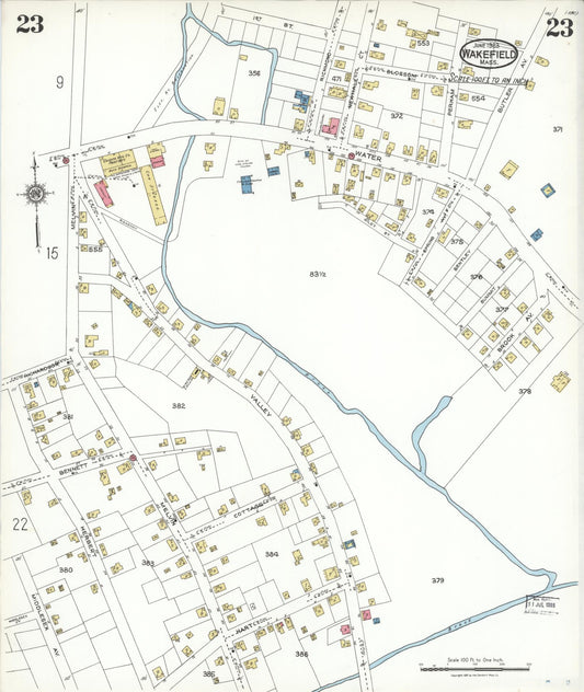 Sanborn Fire Insurance Map from Wakefield, Middlesex County, Massachusetts (1923), Sheet #0023 - Historic Sanborn Fire Insurance Map Print, vintage old map wall art, antique decor, genealogy gift, Massachusetts Massachusetts map