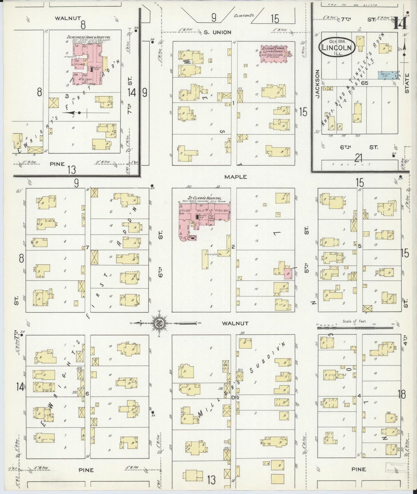 Sanborn Fire Insurance Map from Lincoln, Logan County, Illinois (1914), Sheet #0014 - Historic Sanborn Fire Insurance Map Print, vintage old map wall art, antique decor, genealogy gift, Illinois Illinois map