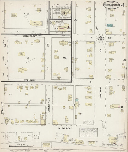 Sanborn Fire Insurance Map from Marshfield, Wood County, Wisconsin (1884), Sheet #0004 - Historic Sanborn Fire Insurance Map Print, vintage old map wall art, antique decor, genealogy gift, Wisconsin Wisconsin map