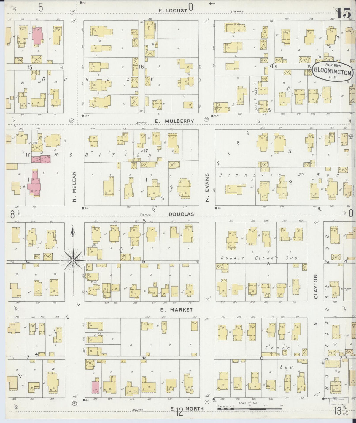 Sanborn Fire Insurance Map from Bloomington, McLean County, Illinois (1896), Sheet #0015 - Complete Map Set gallery image, historic Sanborn map, vintage wall art, Illinois Illinois