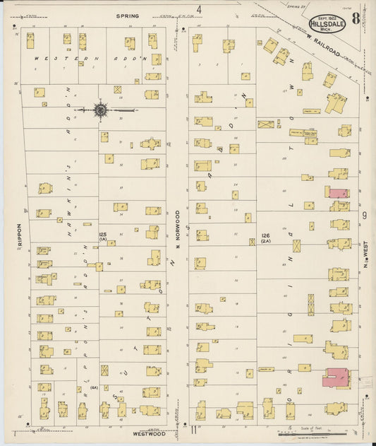 Sanborn Fire Insurance Map from Hillsdale, Hillsdale County, Michigan (1922), Sheet #0008 - Historic Sanborn Fire Insurance Map Print, vintage old map wall art, antique decor, genealogy gift, Michigan Michigan map