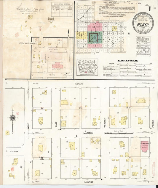 Sanborn Fire Insurance Map from Mount Ayr, Ringgold County, Iowa (1936), Sheet #0001 - Historic Sanborn Fire Insurance Map Print, vintage old map wall art