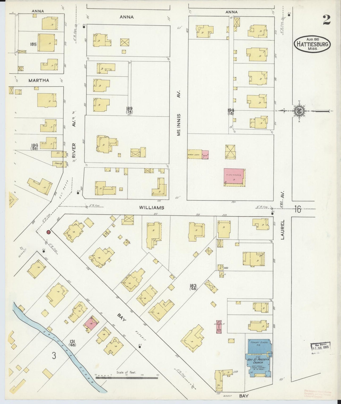 Sanborn Fire Insurance Map from Hattiesburg, Forrest County, Mississippi (1915), Sheet #0002 - Historic Sanborn Fire Insurance Map Print, vintage old map wall art, antique decor, genealogy gift, Mississippi Mississippi map
