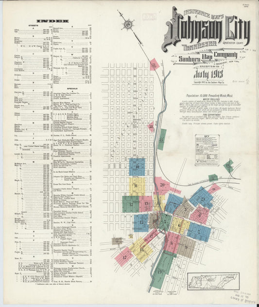 Sanborn Fire Insurance Map from Johnson City, Washington County, Tennessee (1913), Sheet #0001 - Historic Sanborn Fire Insurance Map Print, vintage old map wall art, antique decor, genealogy gift, Tennessee Tennessee map