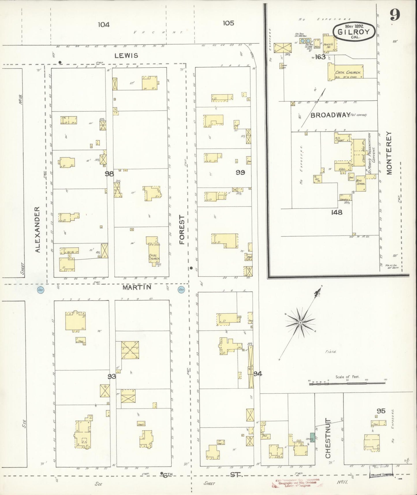 Sanborn Fire Insurance Map from Gilroy, Santa Clara County, California (1892), Sheet #0009 - Historic Sanborn Fire Insurance Map Print, vintage old map wall art, antique decor, genealogy gift, California California map