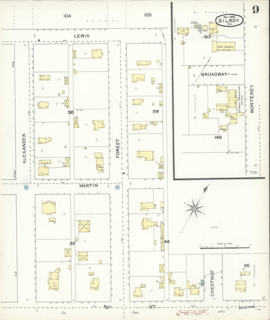 Sanborn Fire Insurance Map from Gilroy, Santa Clara County, California (1892), Sheet #0009 - Historic Sanborn Fire Insurance Map Print, vintage old map wall art, antique decor, genealogy gift, California California map