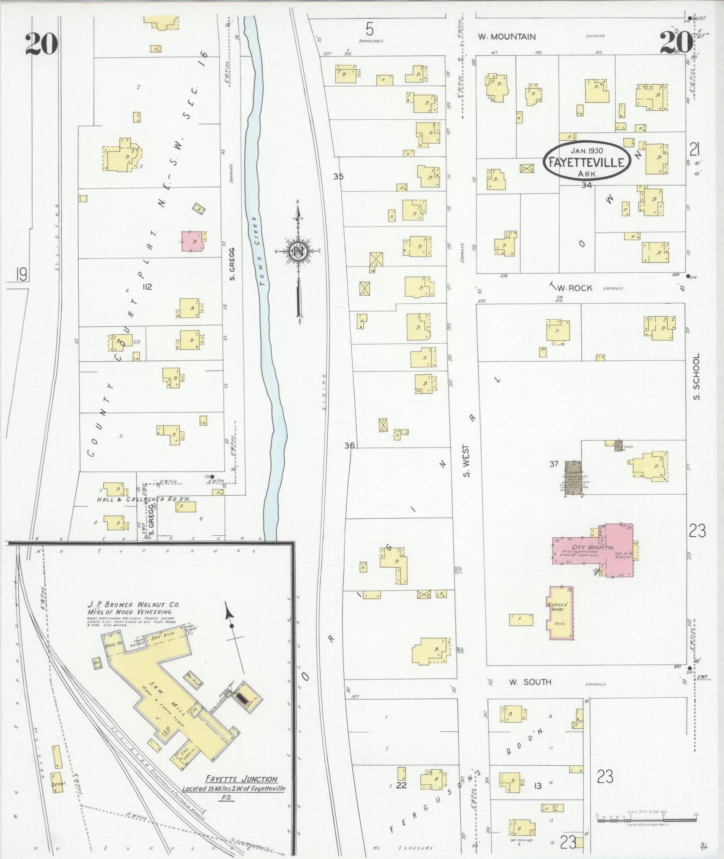 Sanborn Fire Insurance Map from Fayetteville, Washington County, Arkansas (1930), Sheet #0020 - Complete Map Set gallery image, historic Sanborn map, vintage wall art, Arkansas Arkansas