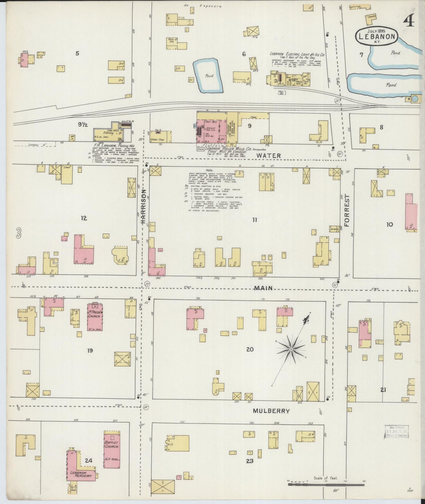 Sanborn Fire Insurance Map from Lebanon, Marion County, Kentucky (1895), Sheet #0004 - Historic Sanborn Fire Insurance Map Print, vintage old map wall art, antique decor, genealogy gift, Kentucky Kentucky map