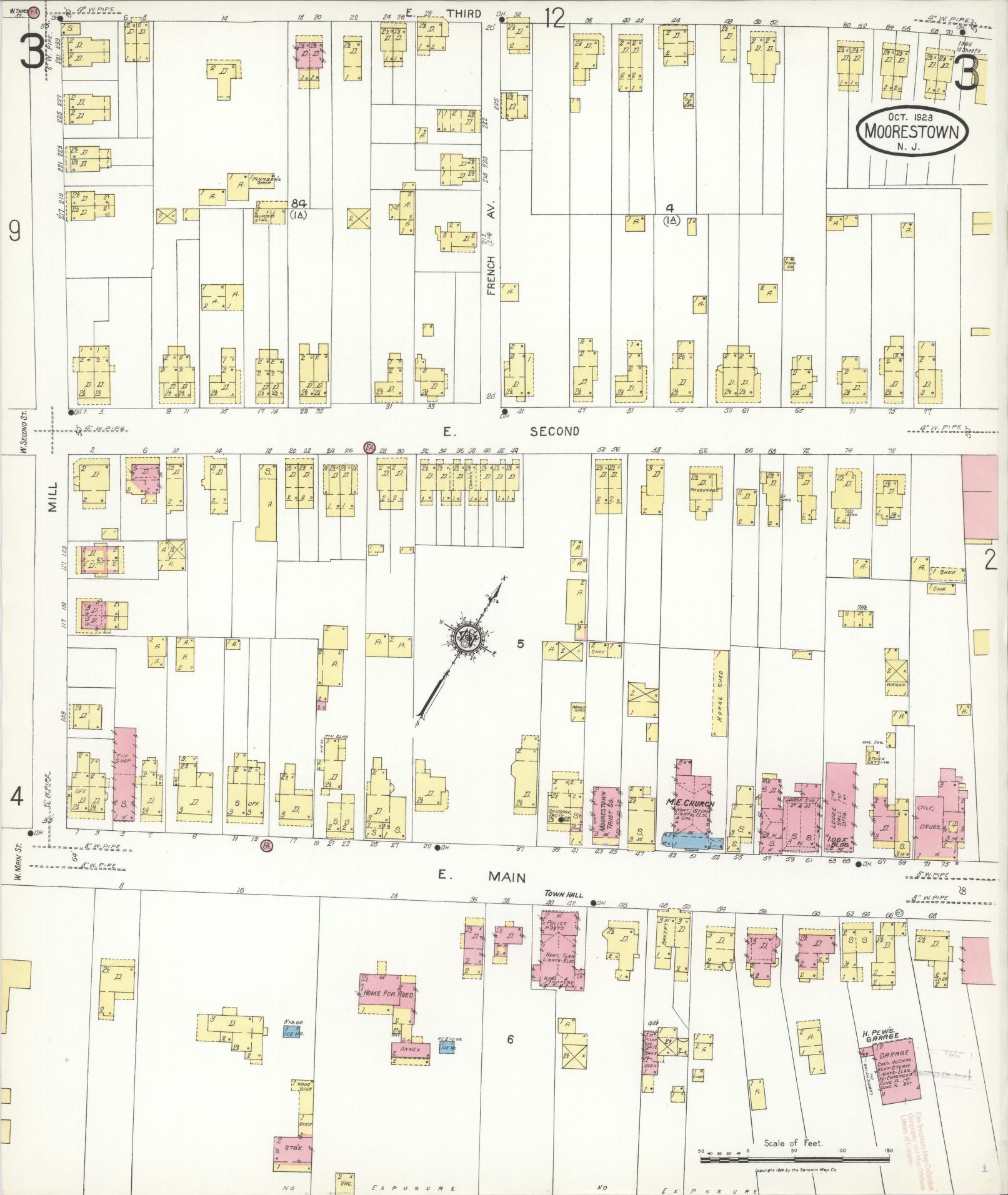 Sanborn Fire Insurance Map from Moorestown, Burlington County, New Jersey (1923), Sheet #0003 - Historic Sanborn Fire Insurance Map Print, vintage old map wall art, antique decor, genealogy gift, New Jersey New Jersey map