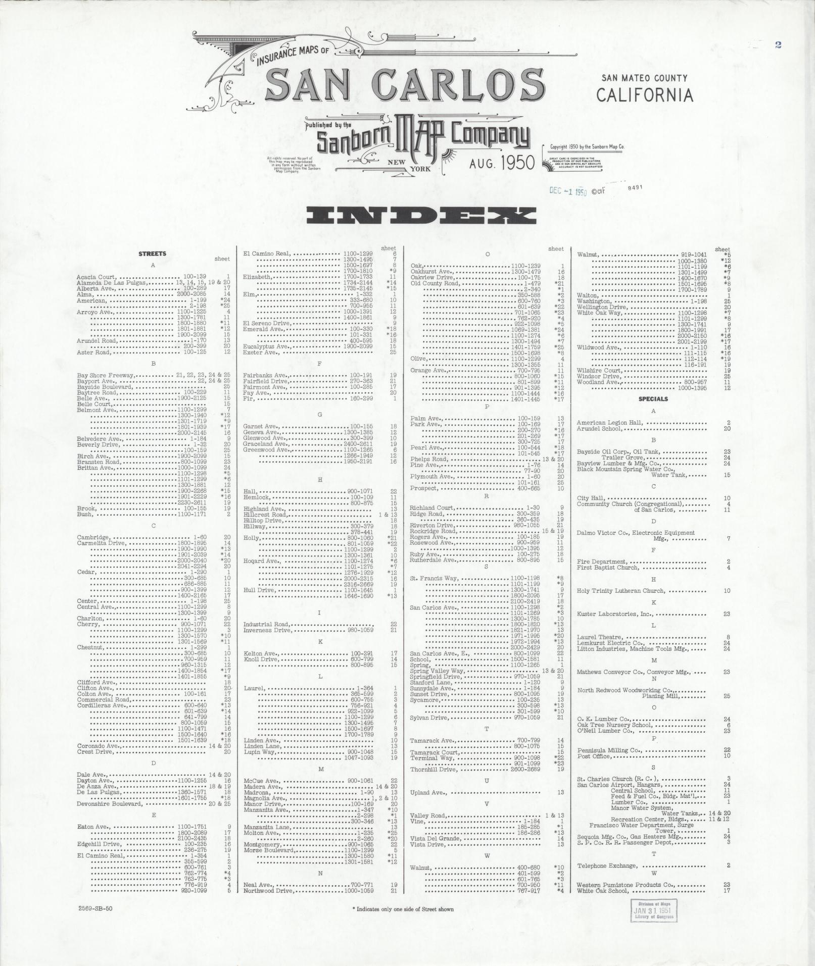 Sanborn Fire Insurance Map from San Carlos, San Mateo County, California. (1950) – Historic Sanborn Fire Insurance Map Print
