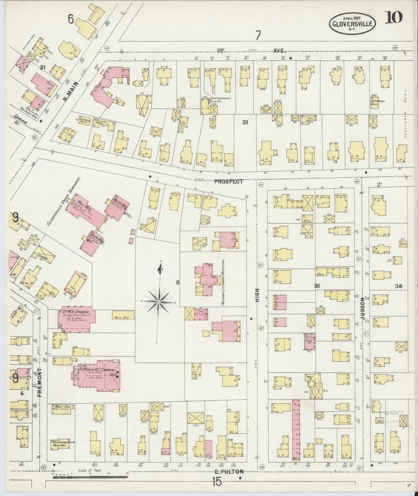Sanborn Fire Insurance Map from Gloversville, Fulton County, New York (1897), Sheet #0010 - Historic Sanborn Fire Insurance Map Print, vintage old map wall art, antique decor, genealogy gift, New York New York map