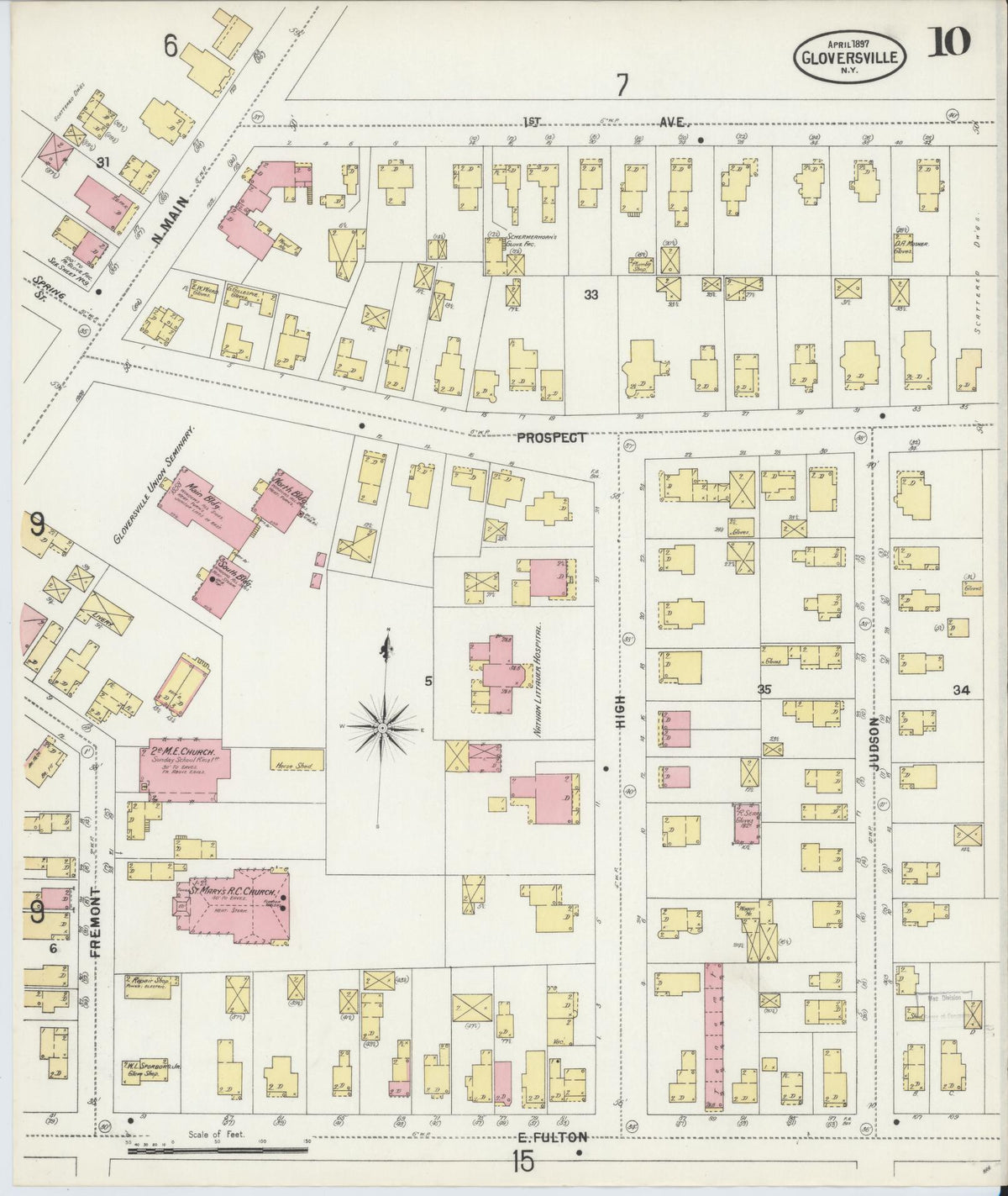 Sanborn Fire Insurance Map from Gloversville, Fulton County, New York (1897), Sheet #0010 - Historic Sanborn Fire Insurance Map Print, vintage old map wall art, antique decor, genealogy gift, New York New York map