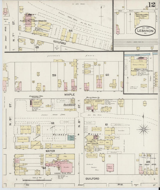 Sanborn Fire Insurance Map from Lebanon, Lebanon County, Pennsylvania (1887), Sheet #0012 - Historic Sanborn Fire Insurance Map Print, vintage old map wall art, antique decor, genealogy gift, Pennsylvania Pennsylvania map