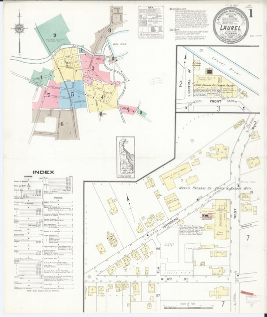 Sanborn Fire Insurance Map from Laurel, Sussex County, Delaware (1912), Sheet #0001 - Historic Sanborn Fire Insurance Map Print, vintage old map wall art, antique decor, genealogy gift, Delaware Delaware map