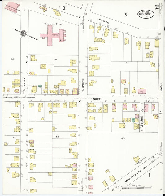 Sanborn Fire Insurance Map from Winooski, Chittenden County, Vermont (1909), Sheet #0002 - Historic Sanborn Fire Insurance Map Print, vintage old map wall art, antique decor, genealogy gift, Vermont Vermont map