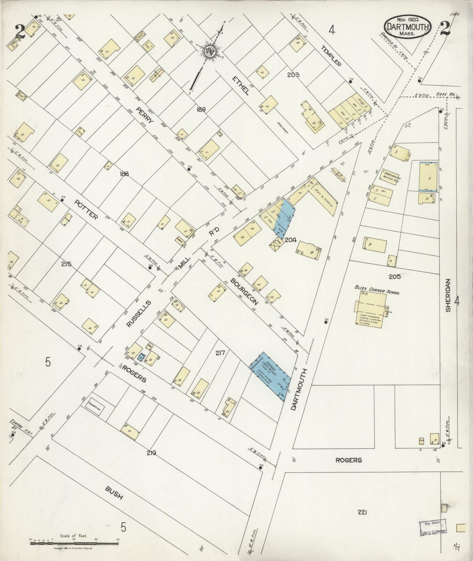 Sanborn Fire Insurance Map from Dartmouth, Bristol County, Massachusetts (1924), Sheet #0002 - Historic Sanborn Fire Insurance Map Print, vintage old map wall art, antique decor, genealogy gift, Massachusetts Massachusetts map