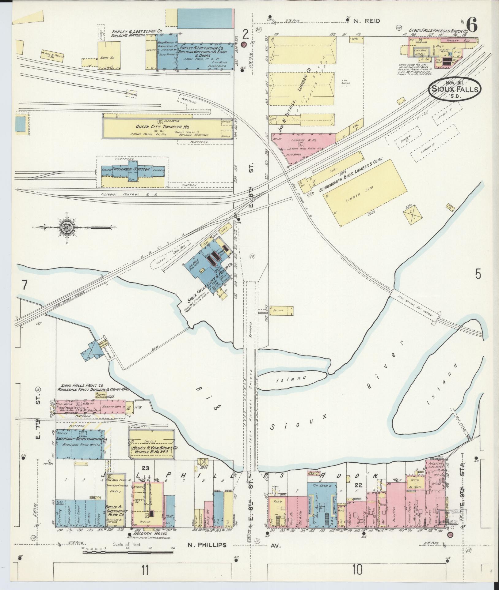 Sanborn Fire Insurance Map from Sioux Falls, Minnehaha County, South Dakota (1911), Sheet #0006 - Historic Sanborn Fire Insurance Map Print, vintage old map wall art, antique decor, genealogy gift, South Dakota South Dakota map