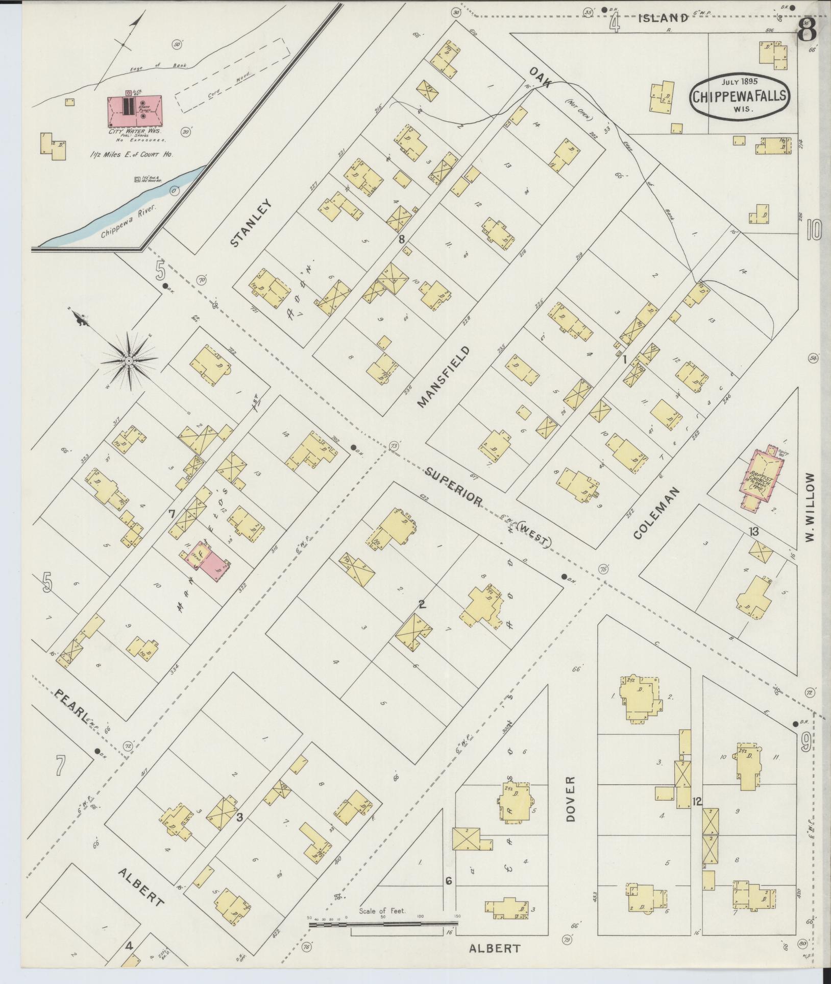 Sanborn Fire Insurance Map from Chippewa Falls, Chippewa County, Wisconsin (1895), Sheet #0008 - Historic Sanborn Fire Insurance Map Print, vintage old map wall art, antique decor, genealogy gift, Wisconsin Wisconsin map