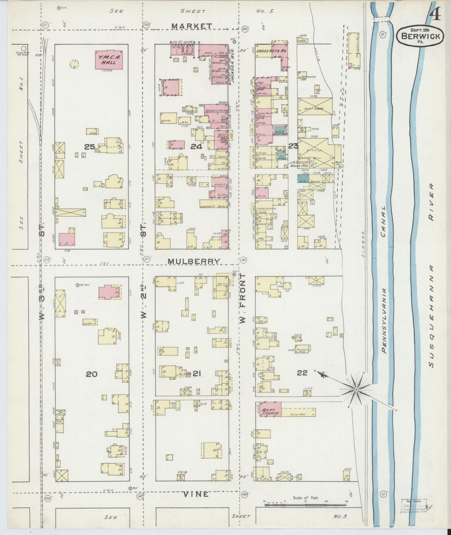 Sanborn Fire Insurance Map from Berwick, Columbia County, Pennsylvania (1891), Sheet #0004 - Historic Sanborn Fire Insurance Map Print, vintage old map wall art, antique decor, genealogy gift, Pennsylvania Pennsylvania map