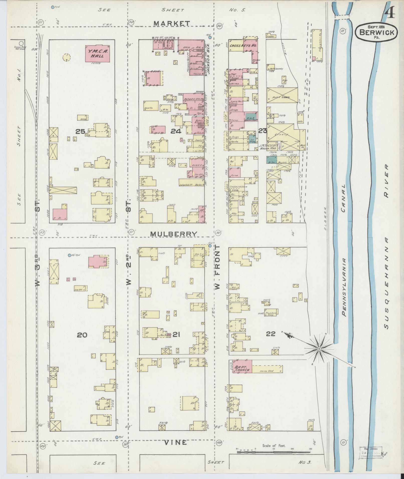 Sanborn Fire Insurance Map from Berwick, Columbia County, Pennsylvania (1891), Sheet #0004 - Historic Sanborn Fire Insurance Map Print, vintage old map wall art, antique decor, genealogy gift, Pennsylvania Pennsylvania map