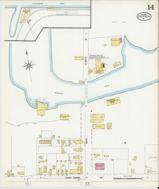 Sanborn Fire Insurance Map from Suffolk, Independent Cities, Virginia (1903), Sheet #0014 - Historic Sanborn Fire Insurance Map Print, vintage old map wall art, antique decor, genealogy gift, Virginia Virginia map