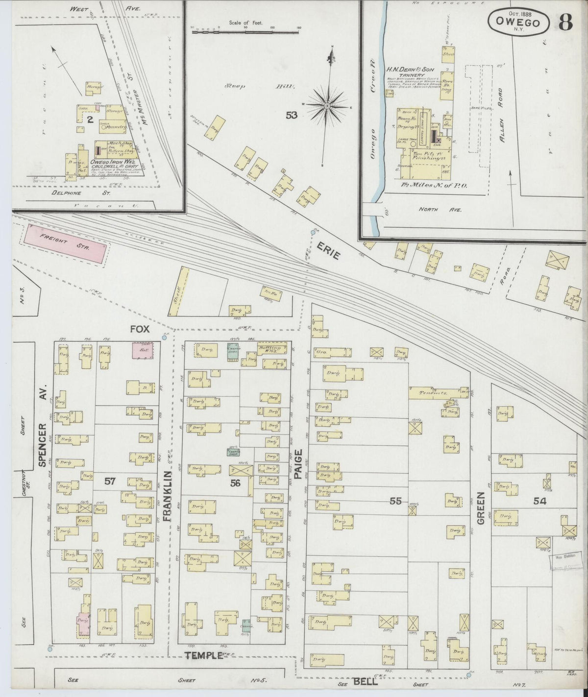Sanborn Fire Insurance Map from Owego, Tioga County, New York (1888), Sheet #0008 - Historic Sanborn Fire Insurance Map Print, vintage old map wall art, antique decor, genealogy gift, New York New York map