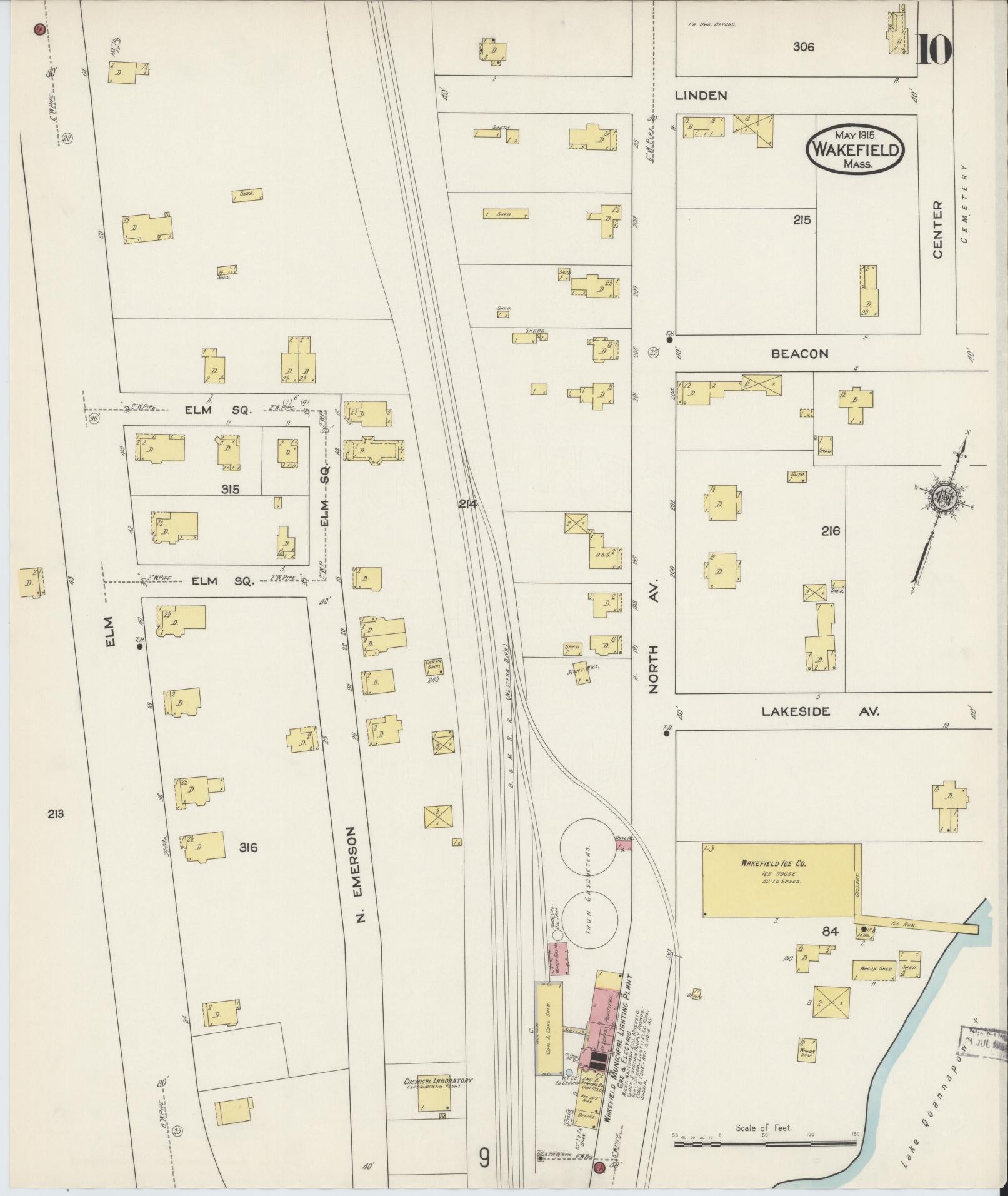 Sanborn Fire Insurance Map from Wakefield, Middlesex County, Massachusetts (1915), Sheet #0010 - Historic Sanborn Fire Insurance Map Print, vintage old map wall art, antique decor, genealogy gift, Massachusetts Massachusetts map