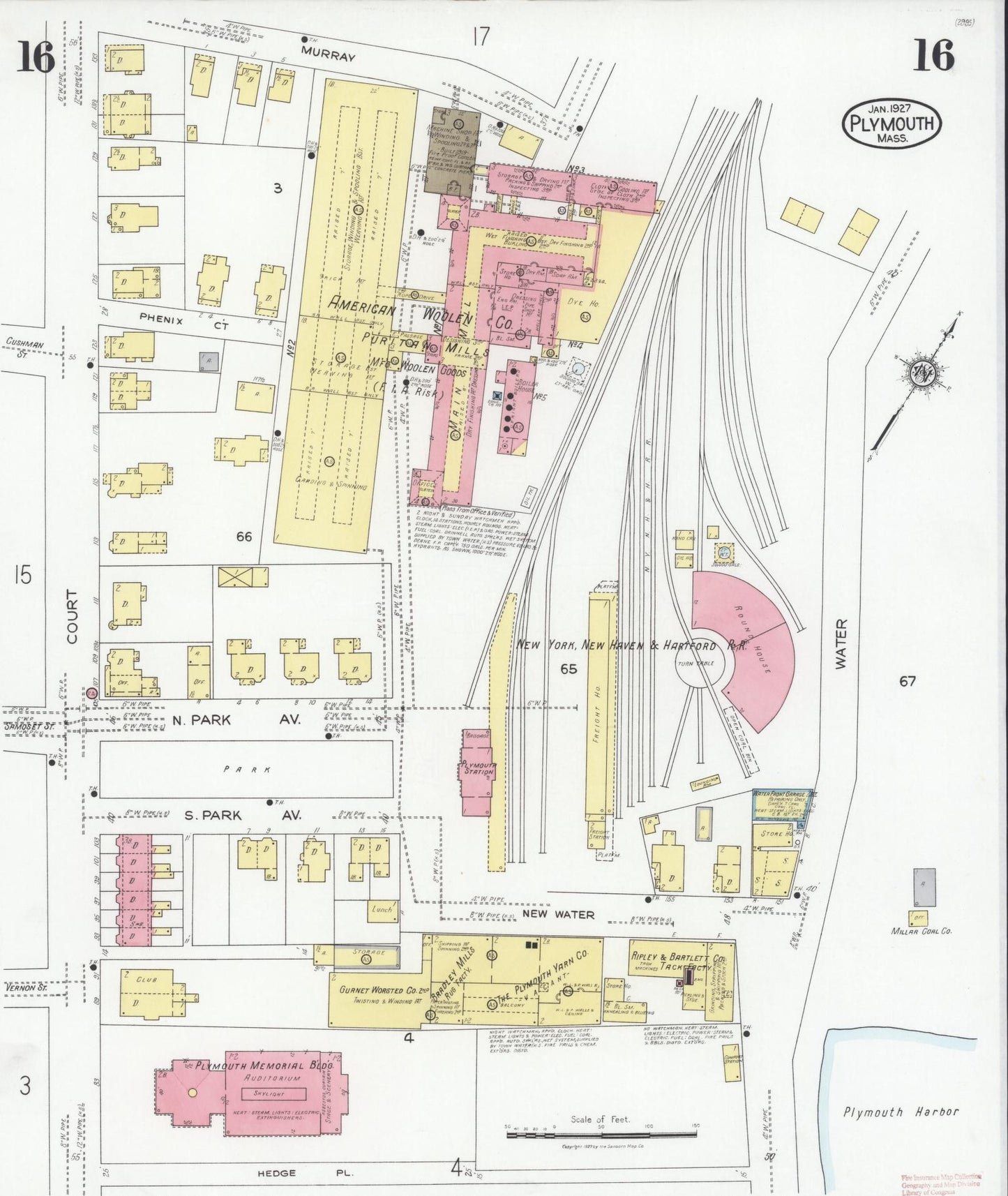 Sanborn Fire Insurance Map from Plymouth, Plymouth County, Massachusetts (1927), Sheet #0016 - Historic Sanborn Fire Insurance Map Print, vintage old map wall art, antique decor, genealogy gift, Massachusetts Massachusetts map