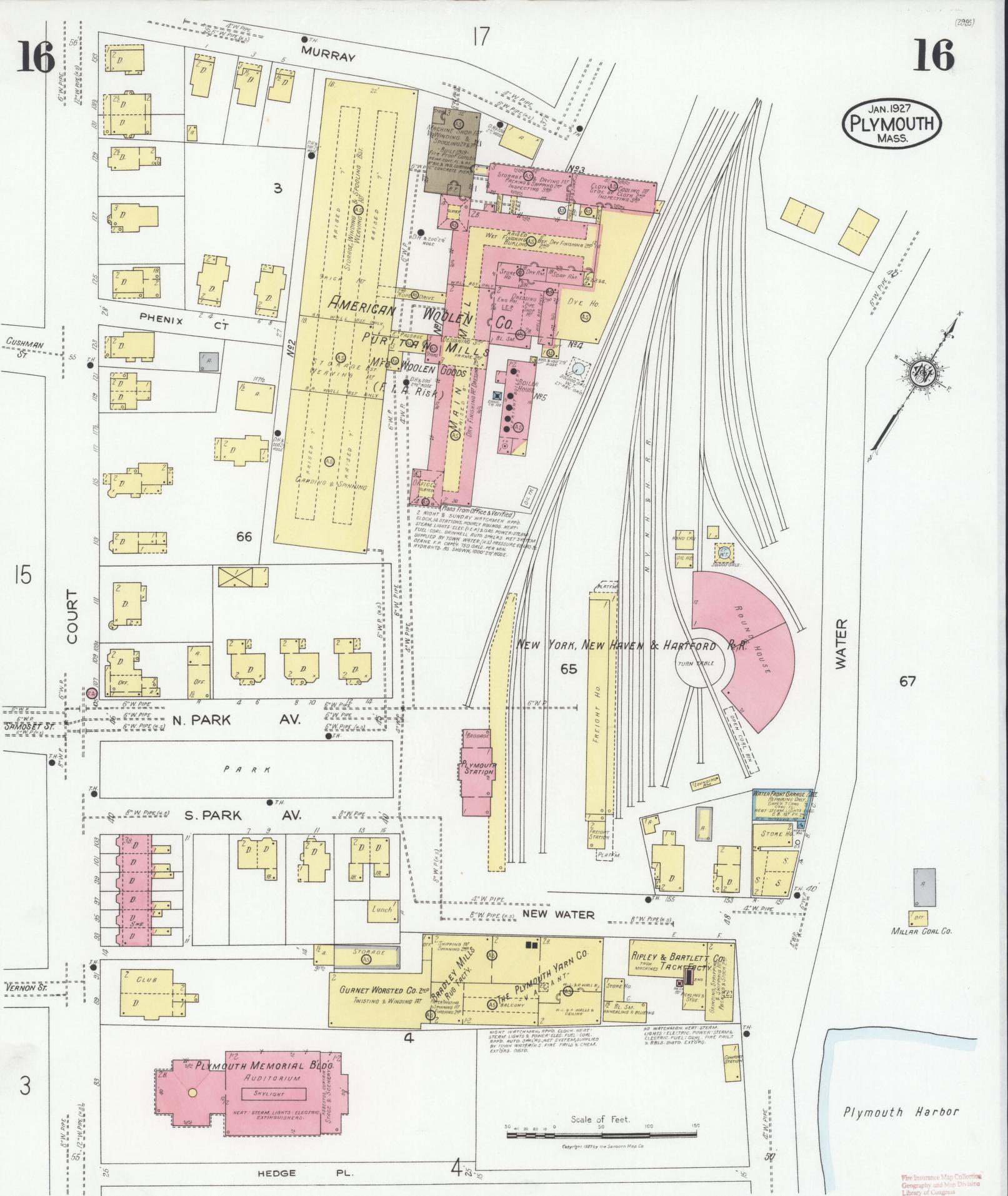 Sanborn Fire Insurance Map from Plymouth, Plymouth County, Massachusetts (1927), Sheet #0016 - Historic Sanborn Fire Insurance Map Print, vintage old map wall art, antique decor, genealogy gift, Massachusetts Massachusetts map