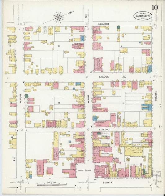 Sanborn Fire Insurance Map from Martinsburg, Berkeley County, West Virginia (1907), Sheet #0010 - Historic Sanborn Fire Insurance Map Print, vintage old map wall art, antique decor, genealogy gift, West Virginia West Virginia map