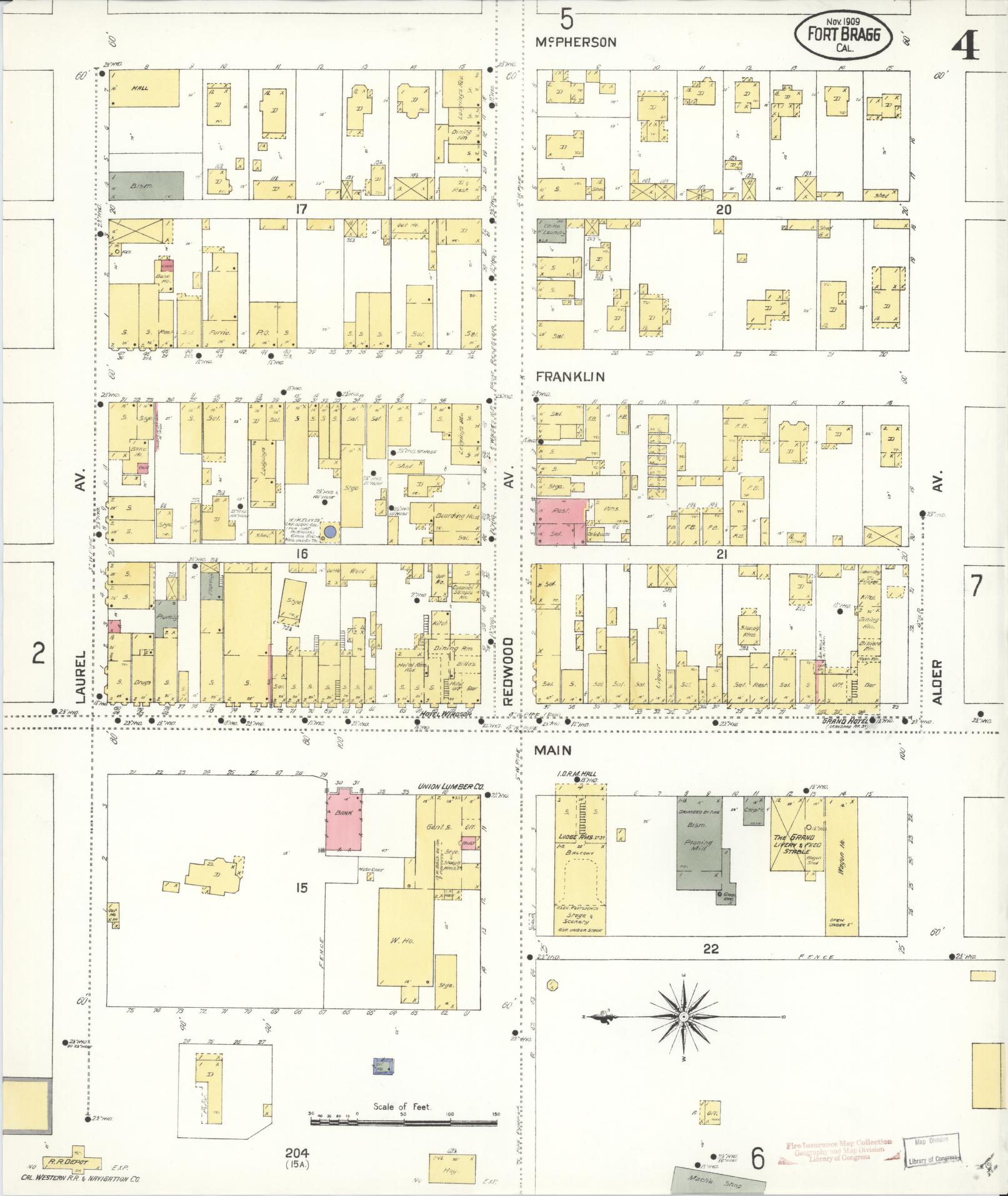 Sanborn Fire Insurance Map from Fort Bragg, Mendocino County, California (1909), Sheet #0004 - Historic Sanborn Fire Insurance Map Print, vintage old map wall art, antique decor, genealogy gift, California California map