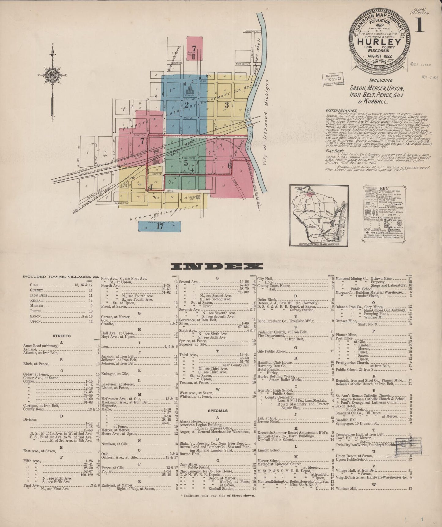 Sanborn Fire Insurance Map from Hurley, Iron County, Wisconsin (1922), Sheet #0001 - Complete Map Set gallery image, historic Sanborn map, vintage wall art, Wisconsin Wisconsin