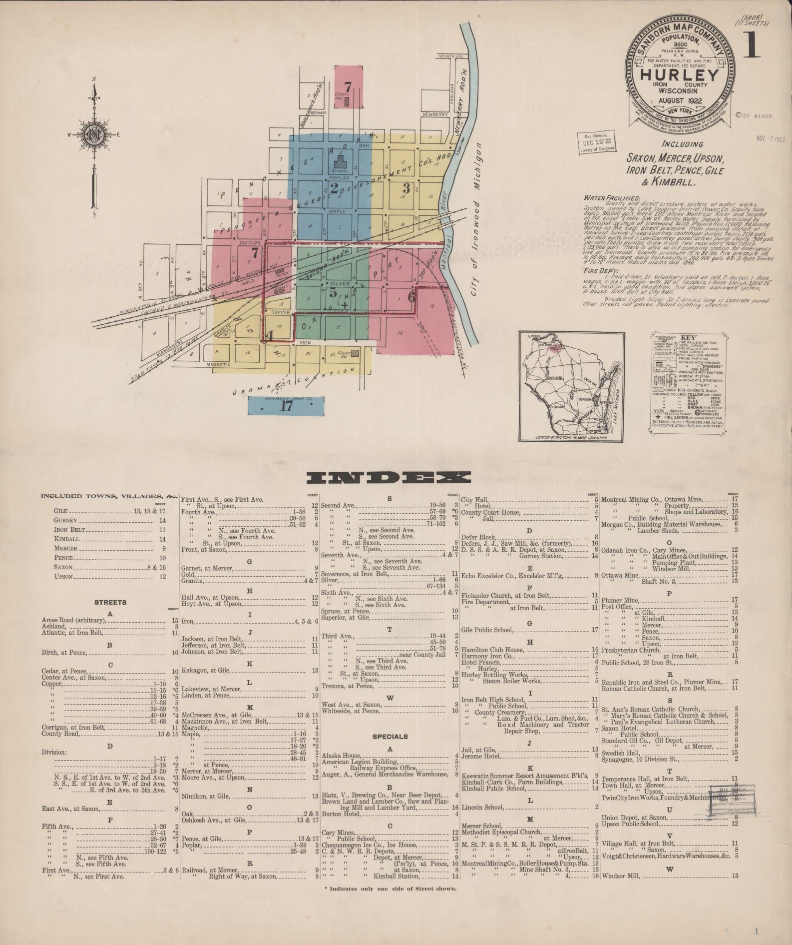 Sanborn Fire Insurance Map from Hurley, Iron County, Wisconsin (1922), Sheet #0001 - Complete Map Set gallery image, historic Sanborn map, vintage wall art, Wisconsin Wisconsin