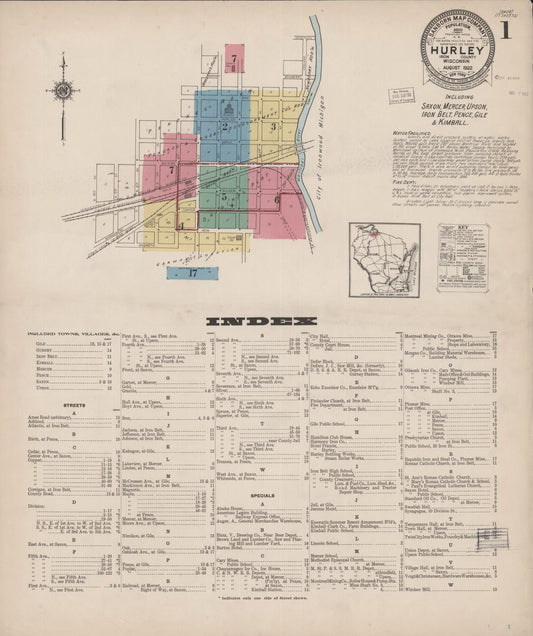 Sanborn Fire Insurance Map from Hurley, Iron County, Wisconsin (1922), Sheet #0001 - Complete Map Set gallery image, historic Sanborn map, vintage wall art, Wisconsin Wisconsin