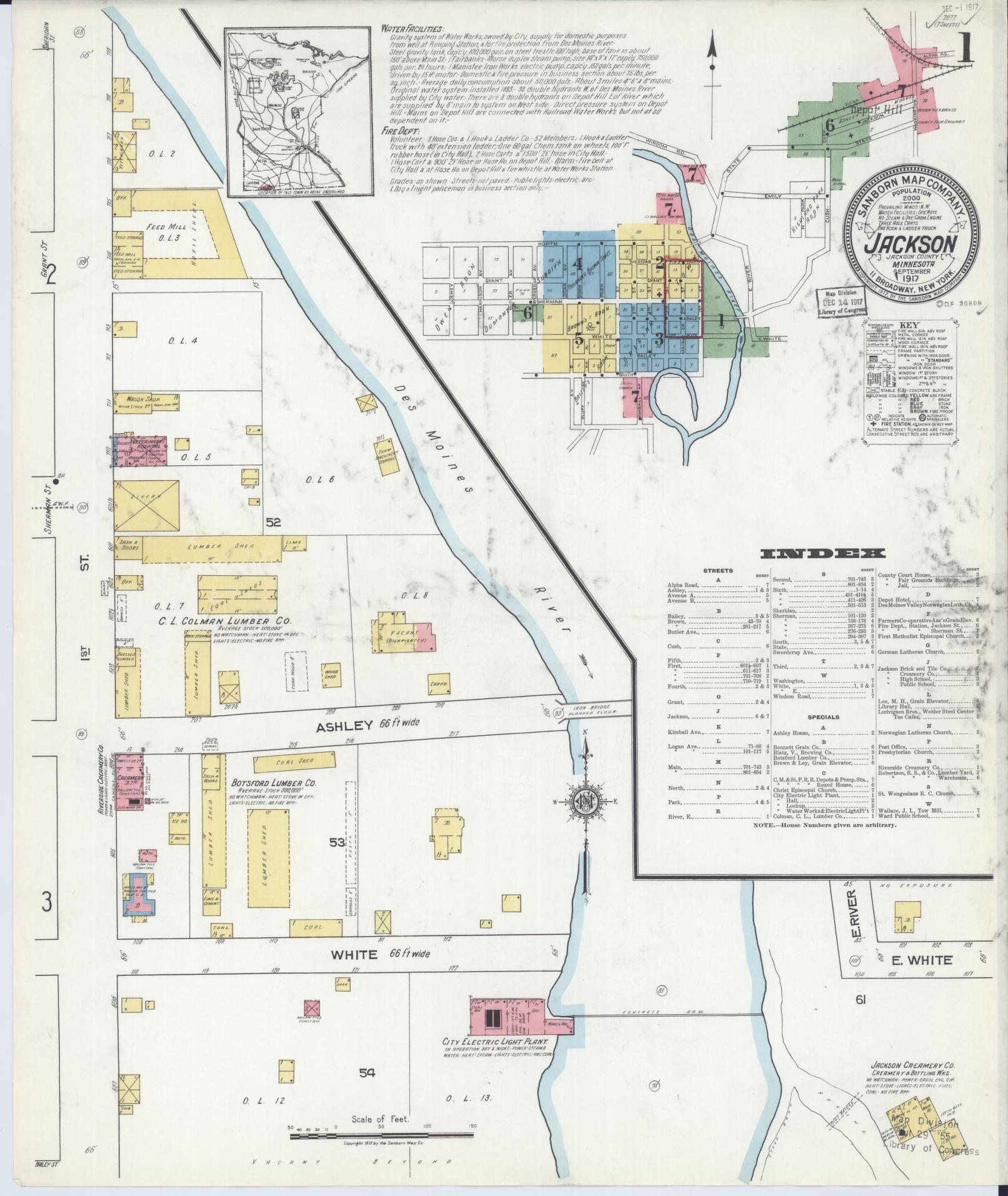 Sanborn Fire Insurance Map from Jackson, Jackson County, Minnesota (1917), Sheet #0001 - Complete Map Set gallery image, historic Sanborn map, vintage wall art, Minnesota Minnesota