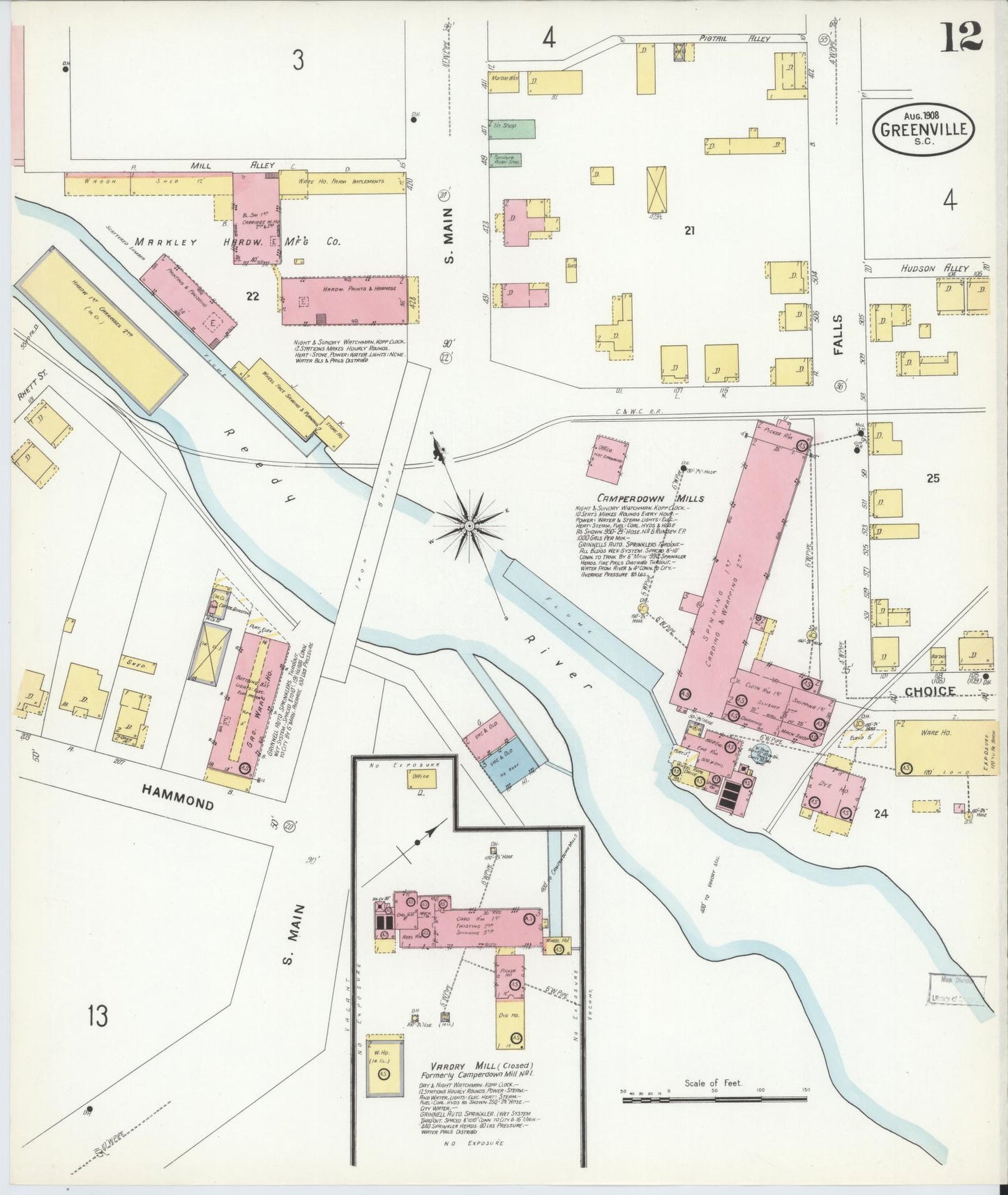 Sanborn Fire Insurance Map from Greenville, Greenville County, South Carolina (1908), Sheet #0012 - Historic Sanborn Fire Insurance Map Print, vintage old map wall art, antique decor, genealogy gift, South Carolina South Carolina map