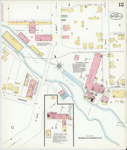 Sanborn Fire Insurance Map from Greenville, Greenville County, South Carolina (1908), Sheet #0012 - Historic Sanborn Fire Insurance Map Print, vintage old map wall art, antique decor, genealogy gift, South Carolina South Carolina map