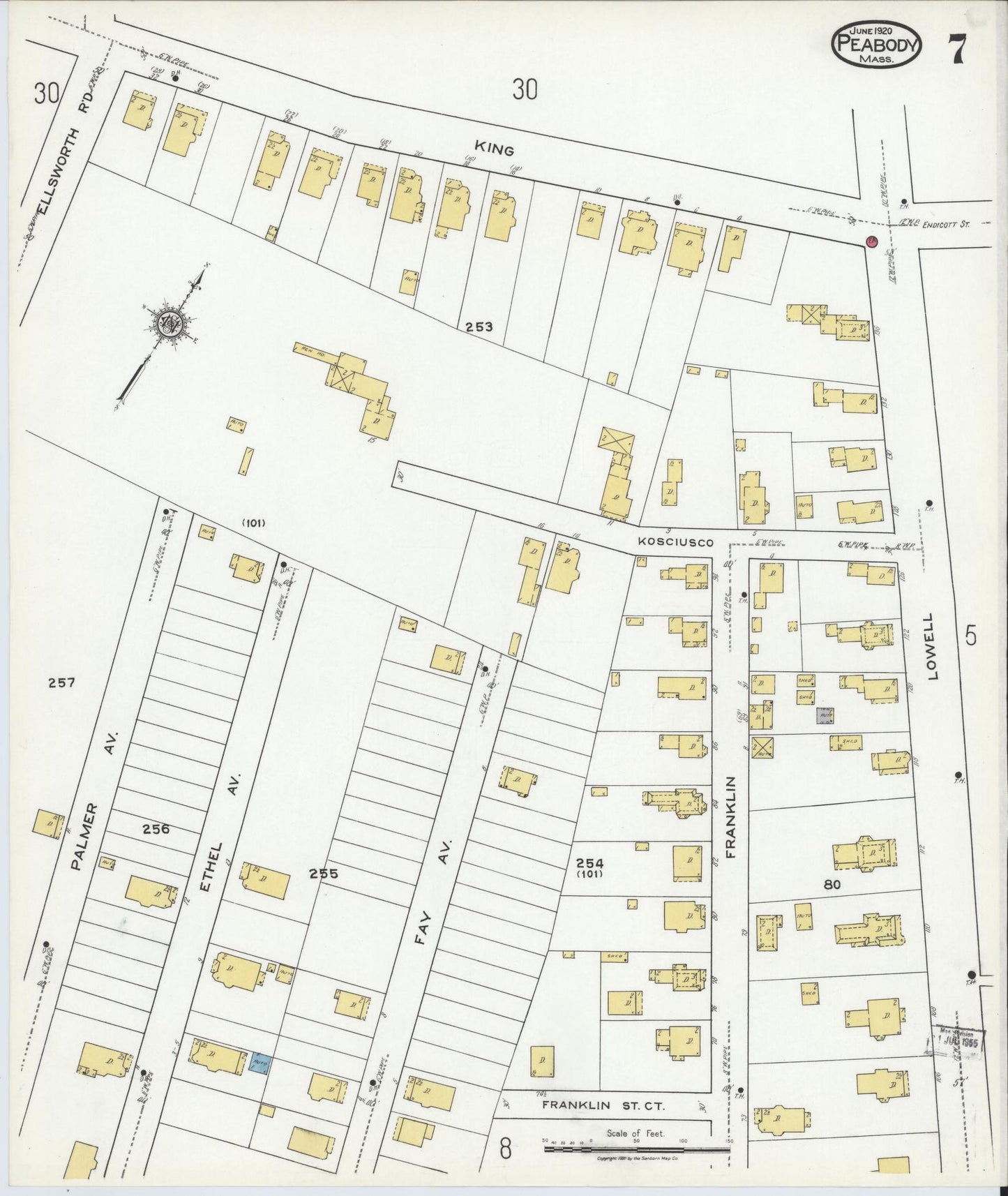 Sanborn Fire Insurance Map from Peabody, Essex County, Massachusetts (1920), Sheet #0007 - Historic Sanborn Fire Insurance Map Print, vintage old map wall art, antique decor, genealogy gift, Massachusetts Massachusetts map
