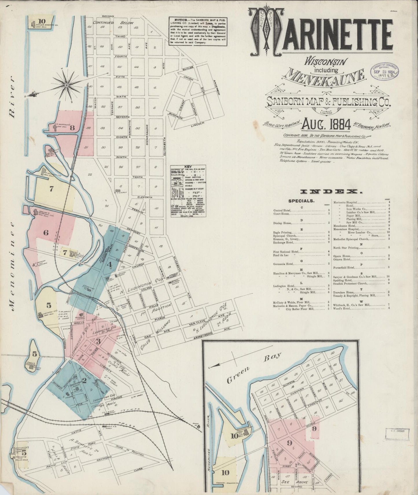 Sanborn Fire Insurance Map from Marinette, Marinette County, Wisconsin (1884), Sheet #0001 - Historic Sanborn Fire Insurance Map Print, vintage old map wall art, antique decor, genealogy gift, Wisconsin Wisconsin map