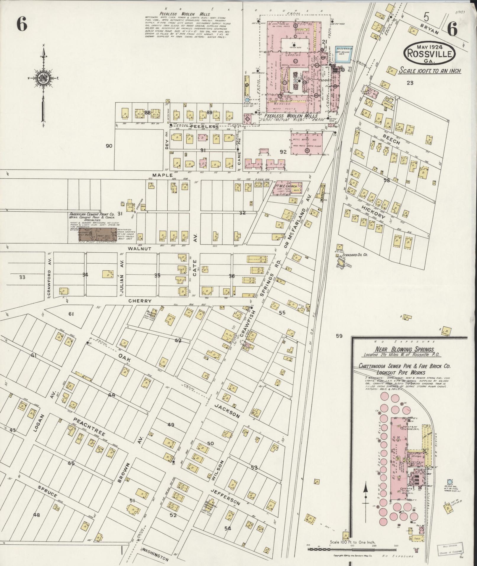 Sanborn Fire Insurance Map from Rossville, Walker County, Georgia (1924), Sheet #0006 - Historic Sanborn Fire Insurance Map Print, vintage old map wall art, antique decor, genealogy gift, Georgia Georgia map