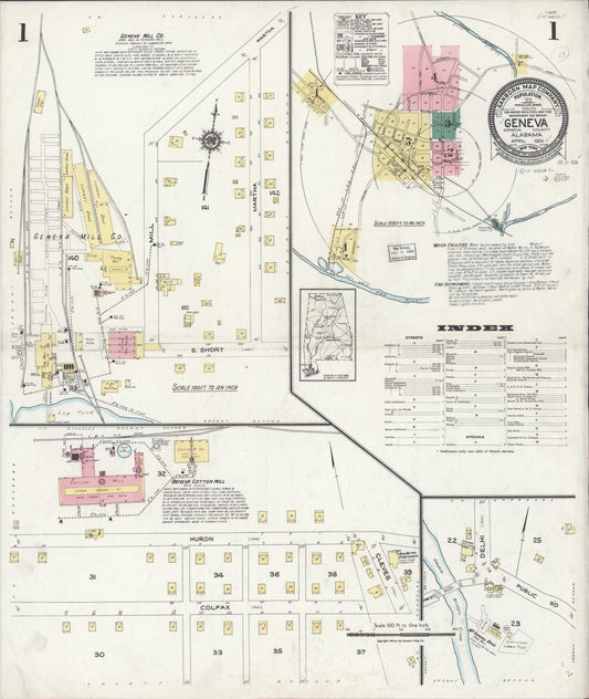 Sanborn Fire Insurance Map from Geneva, Geneva County, Alabama (1924), Sheet #0001 - Complete Map Set gallery image, historic Sanborn map, vintage wall art, Alabama Alabama