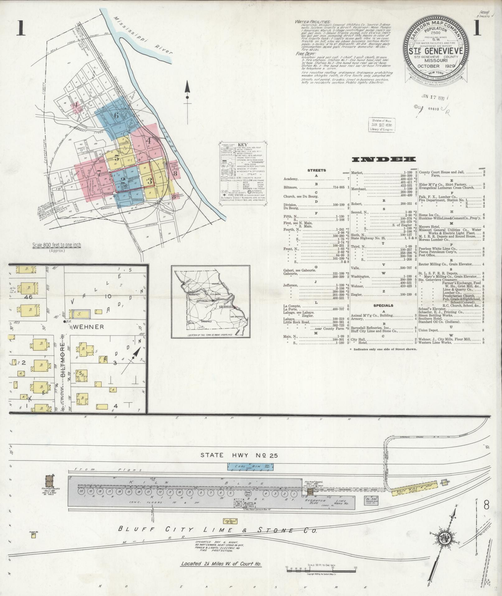 Sanborn Fire Insurance Map from Sainte Genevieve, Saint Genevieve County, Missouri (1929), Sheet #0001 - Historic Sanborn Fire Insurance Map Print, vintage old map wall art, antique decor, genealogy gift, Missouri Missouri map