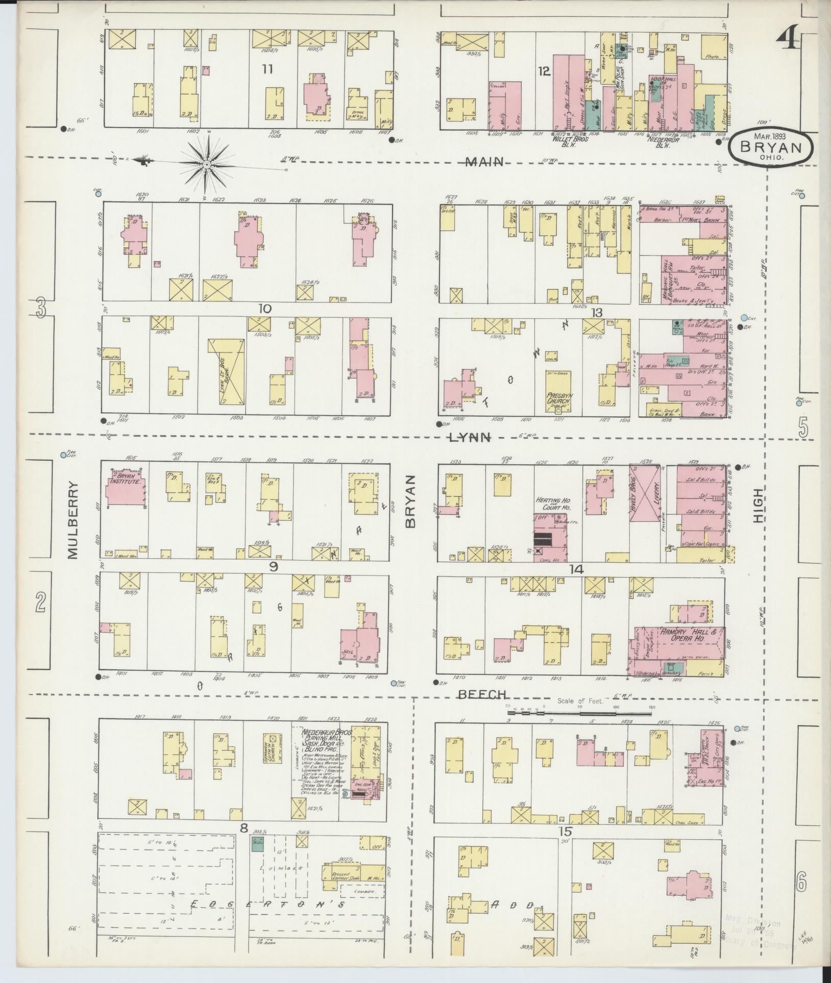 Sanborn Fire Insurance Map from Bryan, Williams County, Ohio (1893), Sheet #0004 - Historic Sanborn Fire Insurance Map Print, vintage old map wall art, antique decor, genealogy gift, Ohio Ohio map