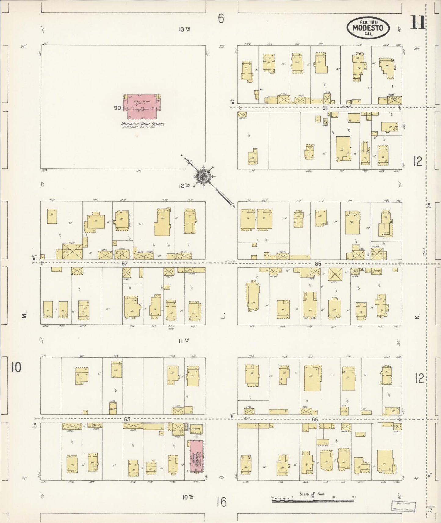 Sanborn Fire Insurance Map from Modesto, Stanislaus County, California (1911), Sheet #0011 - Complete Map Set gallery image, historic Sanborn map, vintage wall art, California California