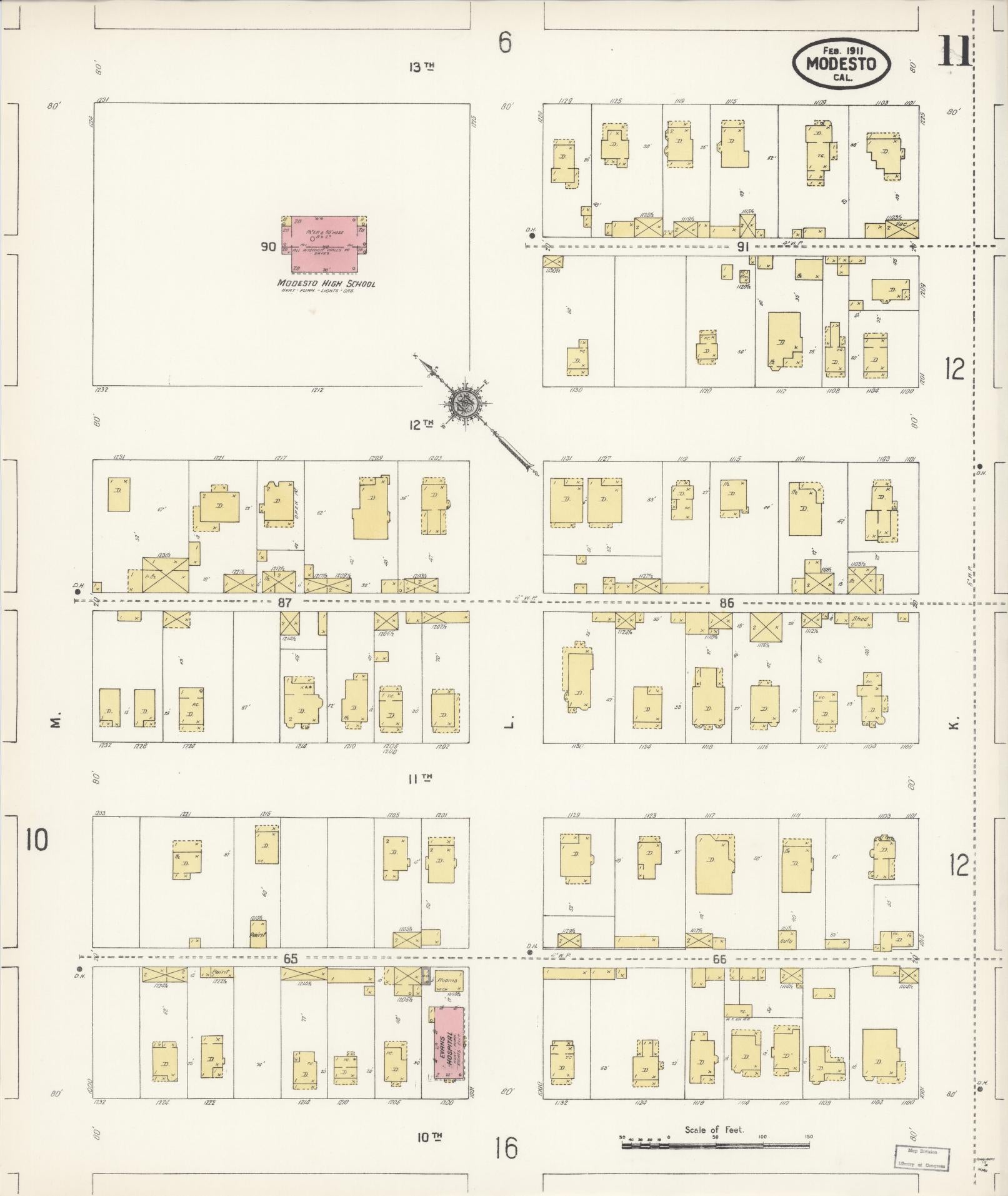 Sanborn Fire Insurance Map from Modesto, Stanislaus County, California (1911), Sheet #0011 - Complete Map Set gallery image, historic Sanborn map, vintage wall art, California California