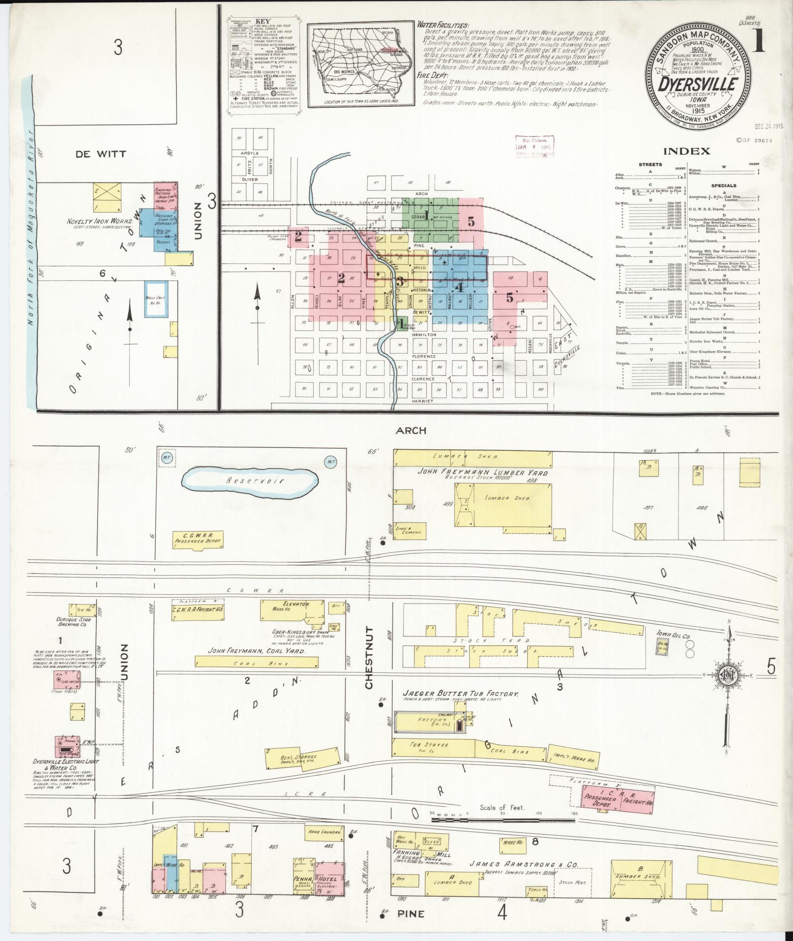 Sanborn Fire Insurance Map from Dyersville, Dubuque County, Iowa (1915), Sheet #0001 - Historic Sanborn Fire Insurance Map Print, vintage old map wall art