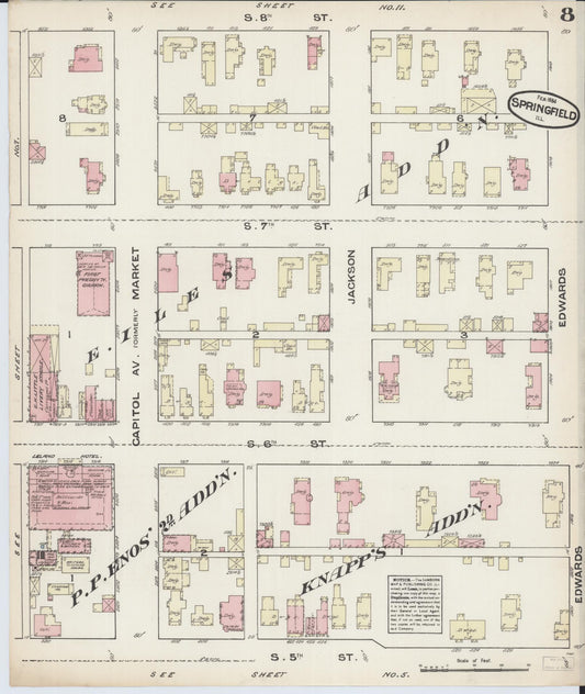 Sanborn Fire Insurance Map from Springfield, Sangamon County, Illinois (1884), Sheet #0008 - Historic Sanborn Fire Insurance Map Print, vintage old map wall art, antique decor, genealogy gift, Illinois Illinois map