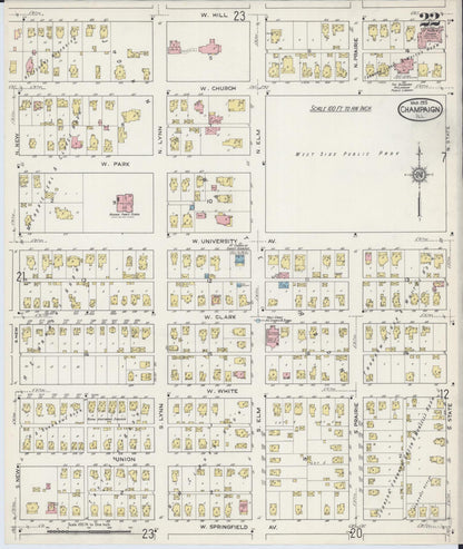 Sanborn Fire Insurance Map from Champaign, Champaign County, Illinois (1915), Sheet #0022 - Complete Map Set gallery image, historic Sanborn map, vintage wall art, Illinois Illinois