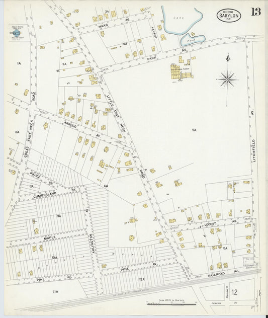 Sanborn Fire Insurance Map from Babylon, Suffolk County, New York (1908), Sheet #0013 - Historic Sanborn Fire Insurance Map Print, vintage old map wall art, antique decor, genealogy gift, New York New York map